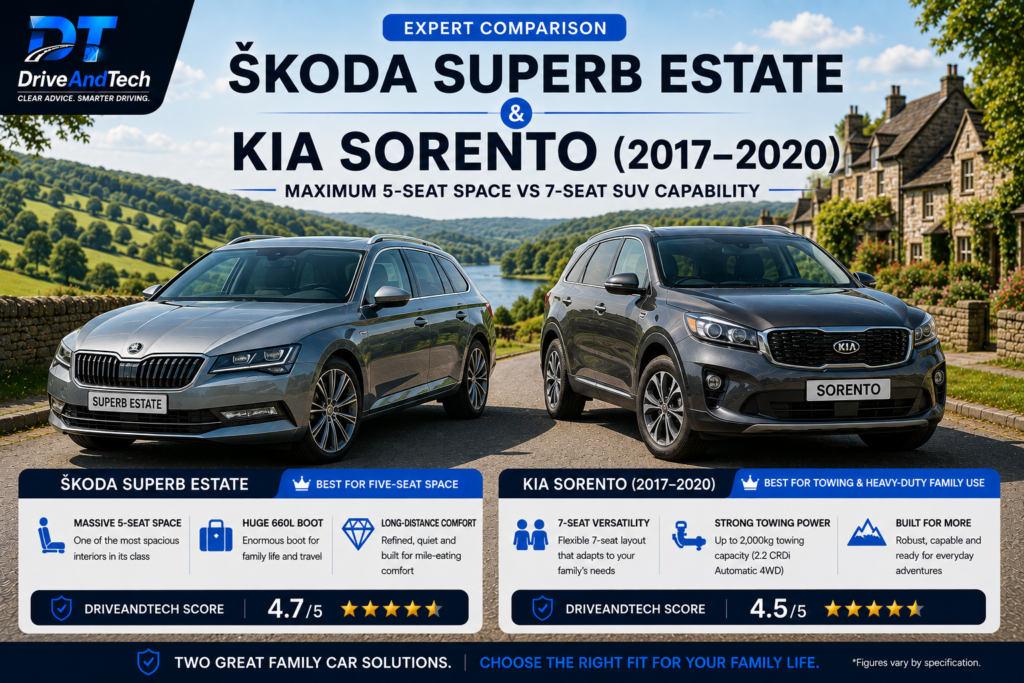 Skoda Superb Estate and Kia Sorento compared for five-seat space and seven-seat family versatility