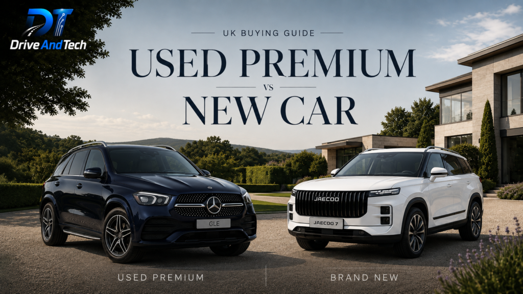 Used luxury car vs new car UK comparison featuring a Mercedes-Benz GLE and JAECOO 7