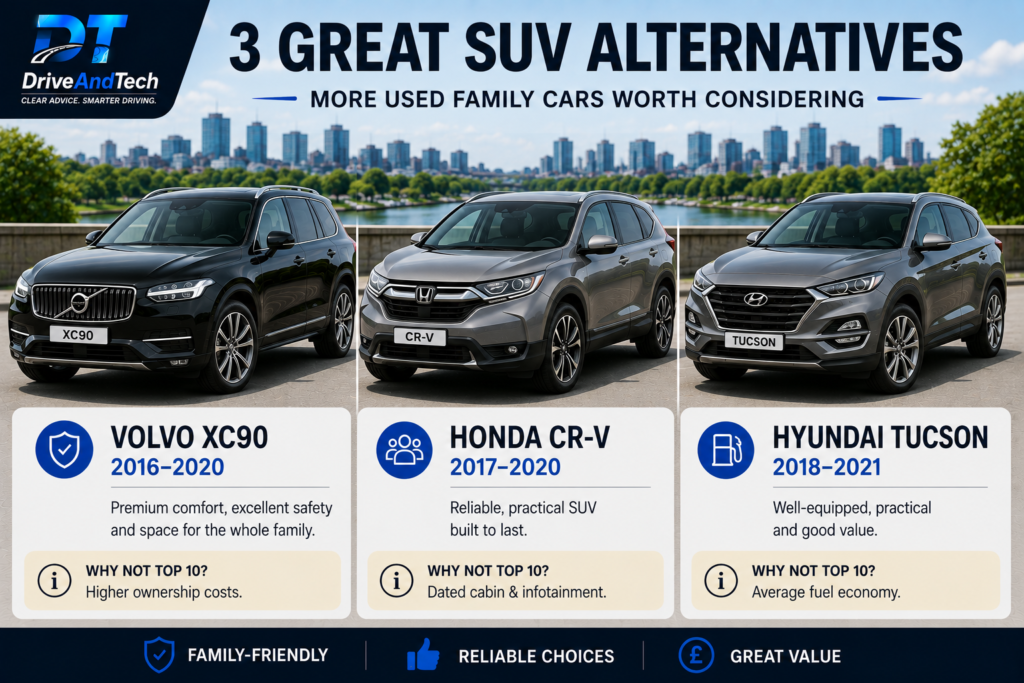 Volvo XC90, Honda CR-V and Hyundai Tucson used family SUV alternatives in the UK