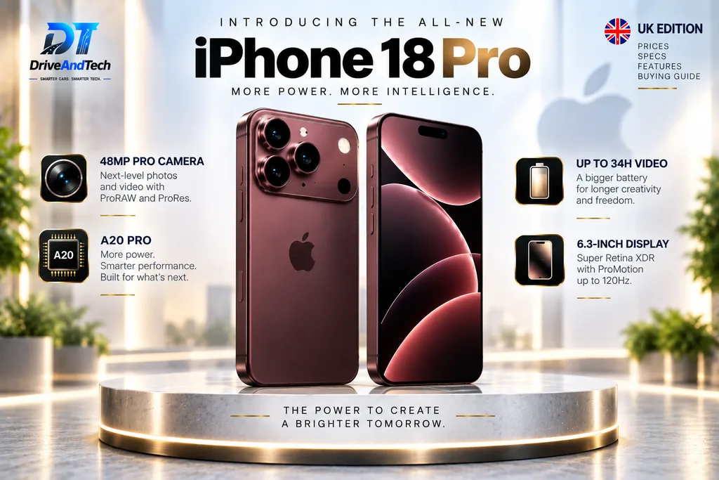 Burgundy iPhone 18 Pro showing 48MP Pro camera, A20 Pro chip and key UK features