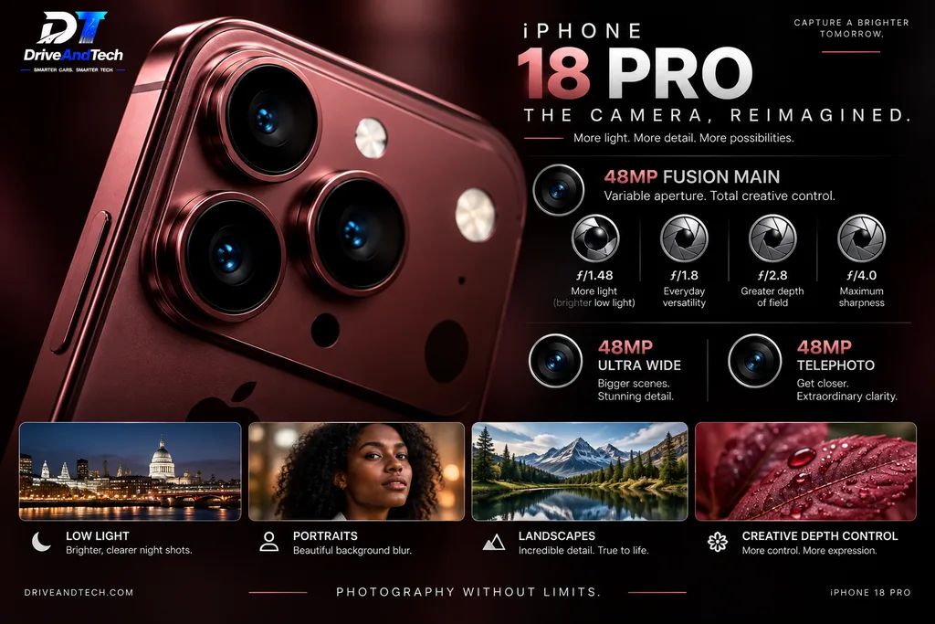 iPhone 18 Pro camera technology showing 48MP Fusion Main variable aperture, Ultra Wide and Telephoto cameras