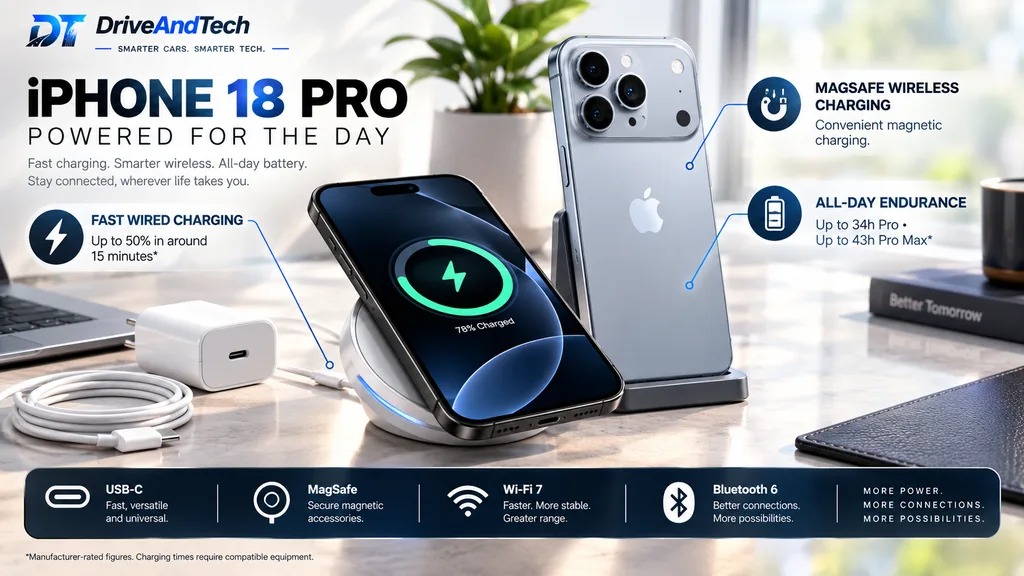 iPhone 18 Pro charging with MagSafe showing wired charging, battery life, Wi-Fi 7 and Bluetooth 6