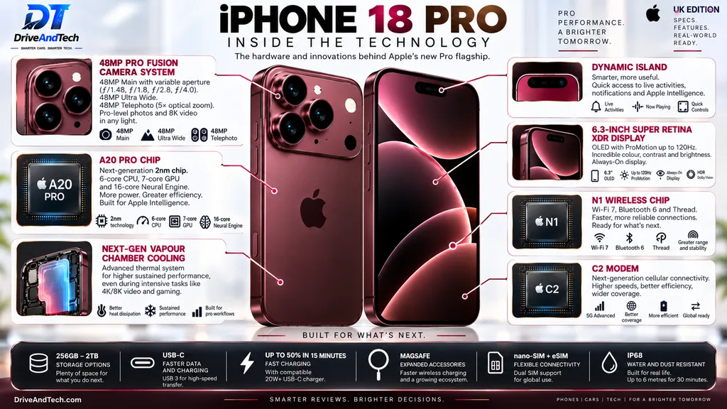 iPhone 18 Pro technical specifications showing A20 Pro, 48MP cameras, vapour chamber, display and connectivity