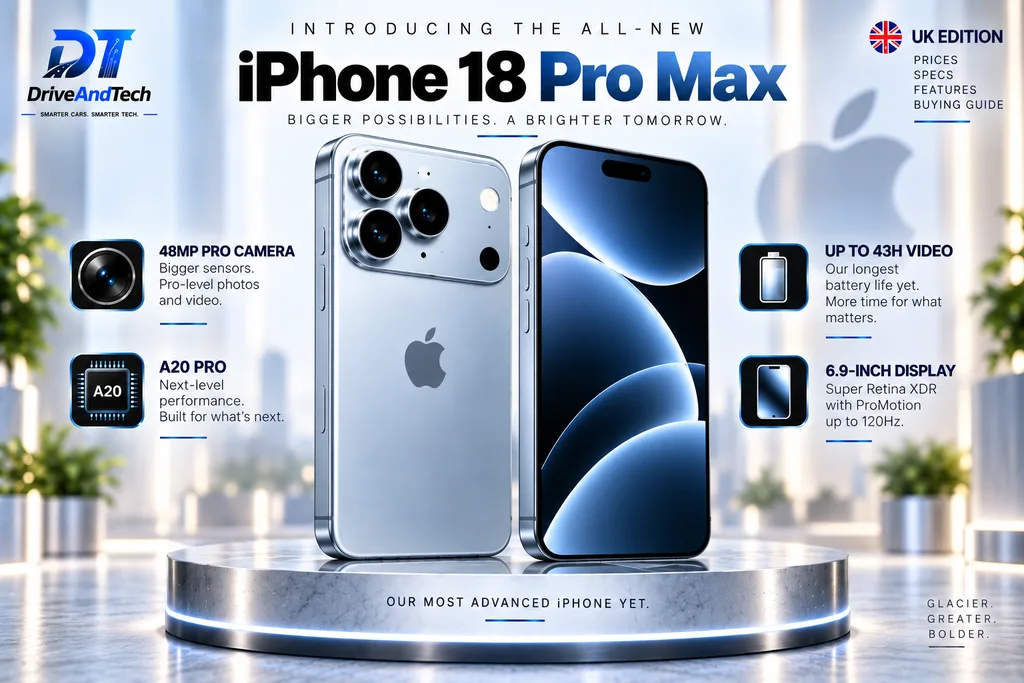Glacier iPhone 18 Pro Max showing 48MP Pro camera, A20 Pro chip and key UK features