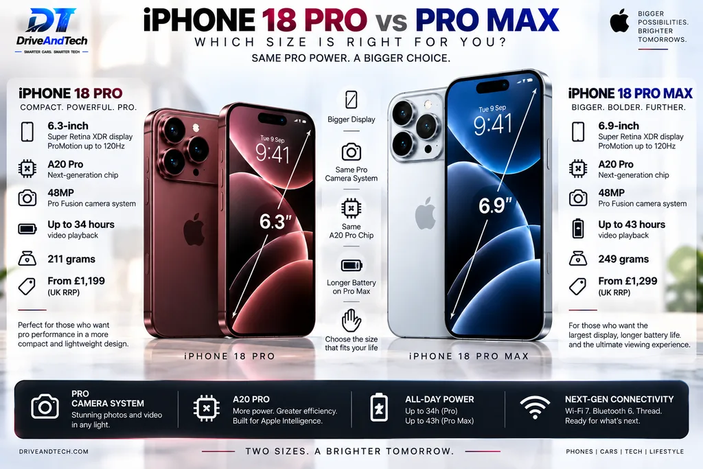 iPhone 18 Pro vs Pro Max UK comparison showing screen size, battery life, weight and price